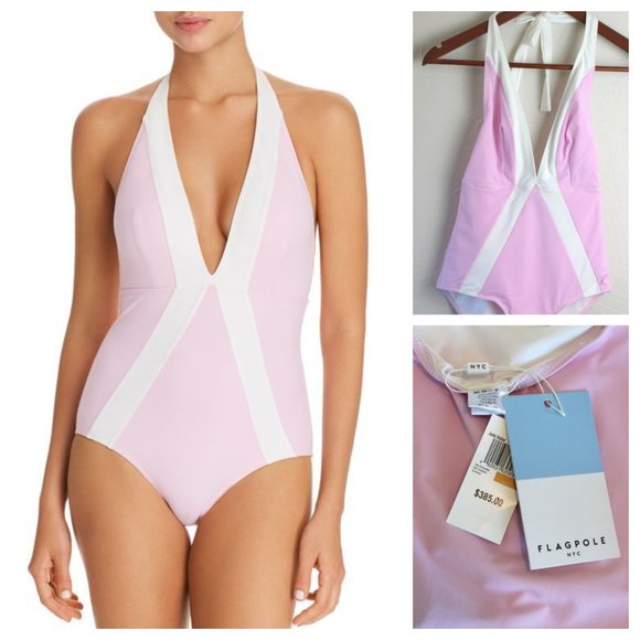 Flagpole Other - Flagpole Jade Plunge Halter One Piece Swimsuit Pink Rose Pearl Small NWT
